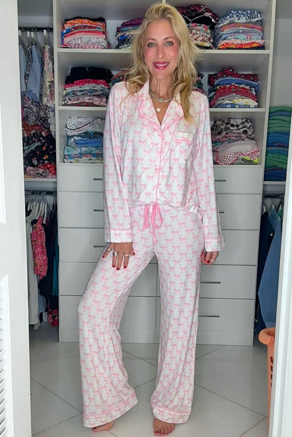 Sky Blue Bow Print Long Sleeve Shirt and Pants Soft Pajama Set