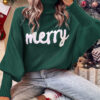 Blackish Green Merry Letter Embroidered High Neck Sweater