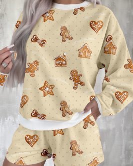 Beige Gingerbread Man Christmas Print Long Sleeve Pullover Lounge Short Set