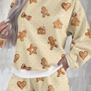 93412686-cf4ca37f7e035578.jpg Beige Gingerbread Man Christmas Print Long Sleeve Pullover Lounge Short Set