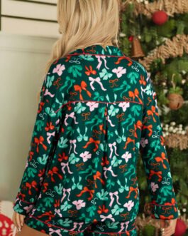 Green Festive Bow Print Long Sleeve Shirt and Pajama Short Set