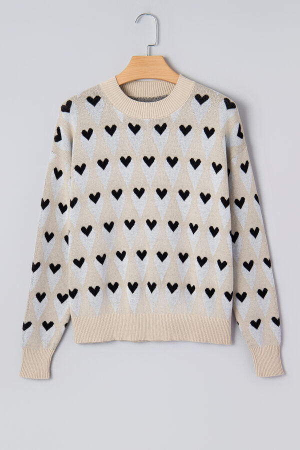 Parchment Geometric Heart Print Ribbed Trim Loose Sweater