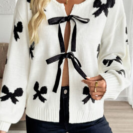 White Lace-up Bow Pattern Sweater Cardigan