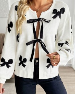 White Lace-up Bow Pattern Sweater Cardigan