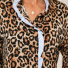 Brown Wild Leopard Print Contrast Striped Frilled Trim Chic Shirt