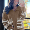 Brown Western Printed Ribbed Trim Collared Zip up Cardigan