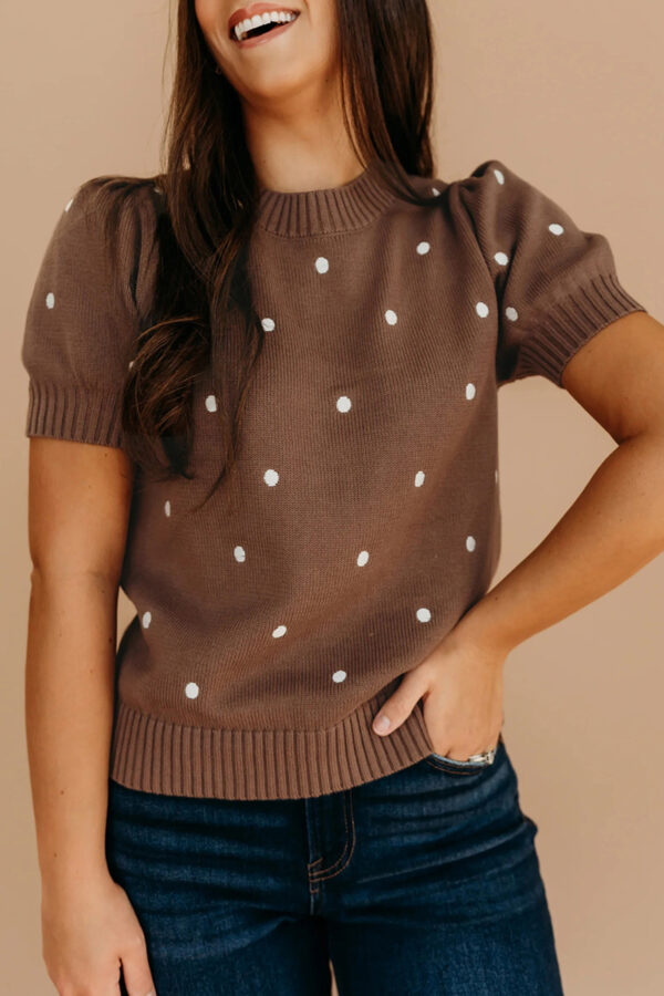 White Elegant Polka Dot Bubble Short Sleeve Sweater