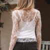White Sheer Lace Mesh Mock Neck Slim Fit Long Sleeve Top