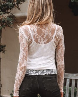 White Sheer Lace Mesh Mock Neck Slim Fit Long Sleeve Top