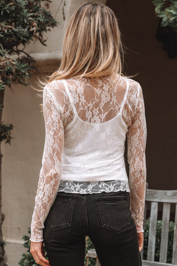 White Sheer Lace Mesh Mock Neck Slim Fit Long Sleeve Top