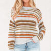 Khaki Stripe Eyelet Patterned Drop Shoulder Sweater
