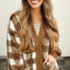 Brown Checkered Sherpa Loose Knit Cardigan with Pockets