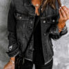 Black Lapel Distressed Raw Hem Buttons Denim Jacket