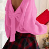 Fiery Red Festive Bow Backless Bubble Sleeve Sweater
