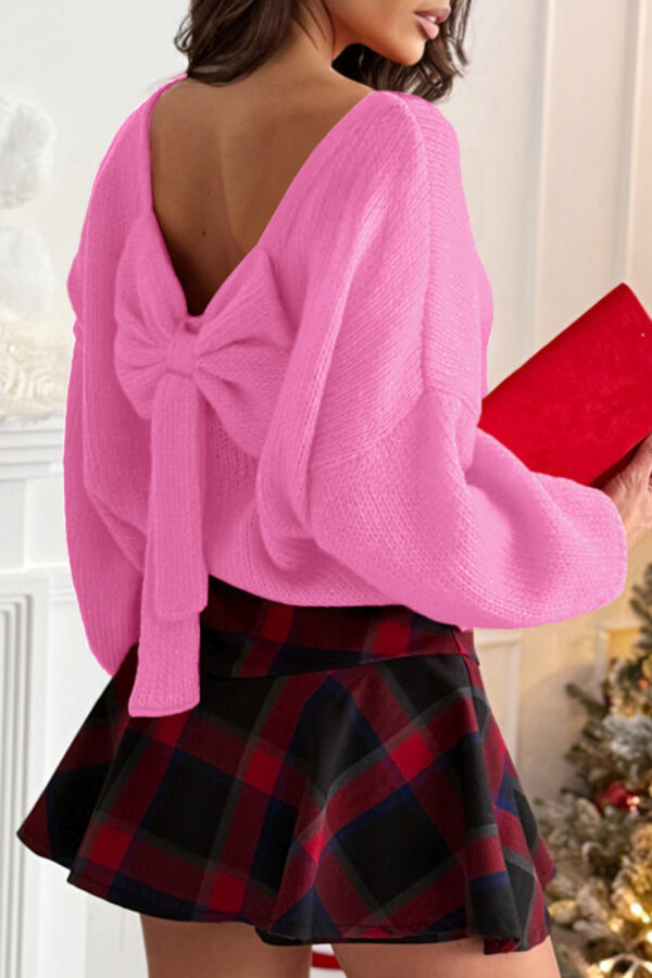 Fiery Red Festive Bow Backless Bubble Sleeve Sweater