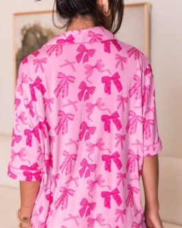 Pink Bow Print Half Sleeve Shirt and Shorts Pajamas Set