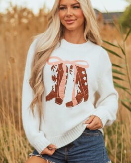 White Embroidered Bow Boots Graphic Drop Shoulder Sweater