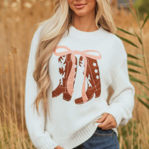 White Embroidered Bow Boots Graphic Drop Shoulder Sweater