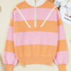Orange Stripe Colorblock Half Zip Oversize Sweater