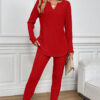 Racing Red Ribbed Notched Neck Knit Long Sleeve Leggings Two Pieces Lounge Set