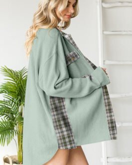 Grass Green Plaid Patchwork Waffle Thermal Knit Shacket