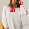 White Textured Knit Contrast Striped Accent Zipped Collar Pullover Top