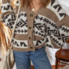 Dark Khaki Ethnic Geometric Pattern Button Front V Neck Sweater Cardigan