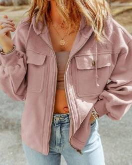 Pink Flap Pocket Drawstring Hood Zip Up Jacket
