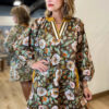 Brown Floral Print Contrast Trim V Neck Pocketed Long Sleeve Mini Dress