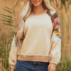 Light French Beige Aztec Patchwork Raglan Pullover Sweatshirt