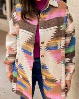 White Aztec Print Button Up Shacket