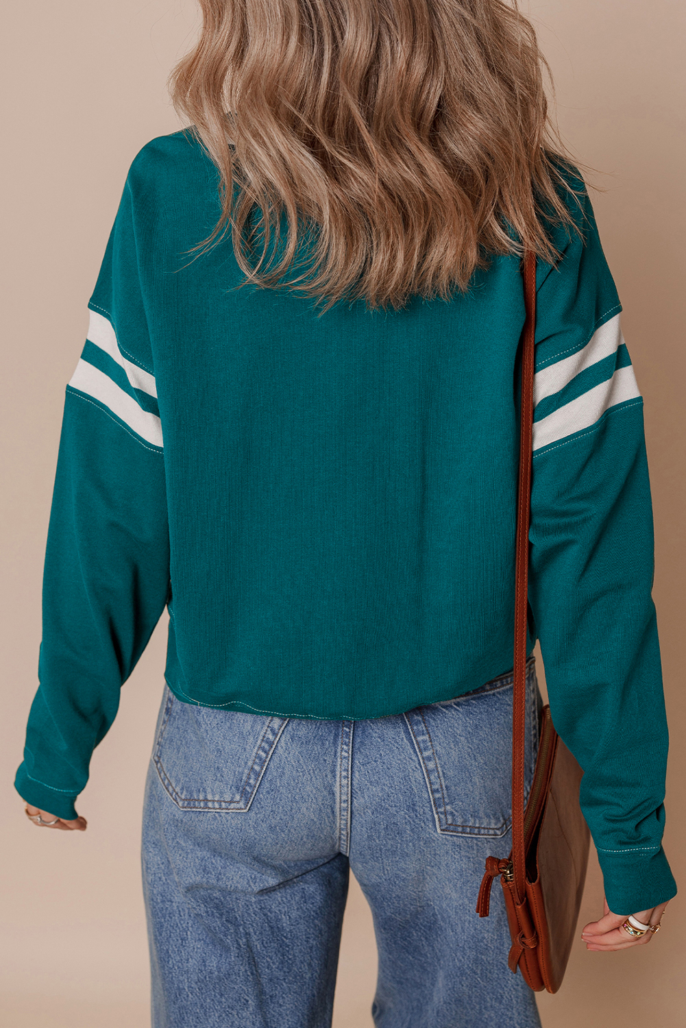 Blackish Green Contrast Striped Patchwork Round Neck Drop Shoulder Sweatshirt - Image 2