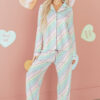 White Pride Heart Print Valentines Long 2pcs Pajama Set