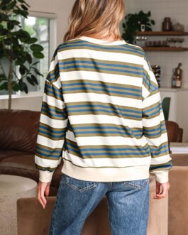 Khaki Stripe Crew Neck Drop Shoulder Pullover Sweatshirt