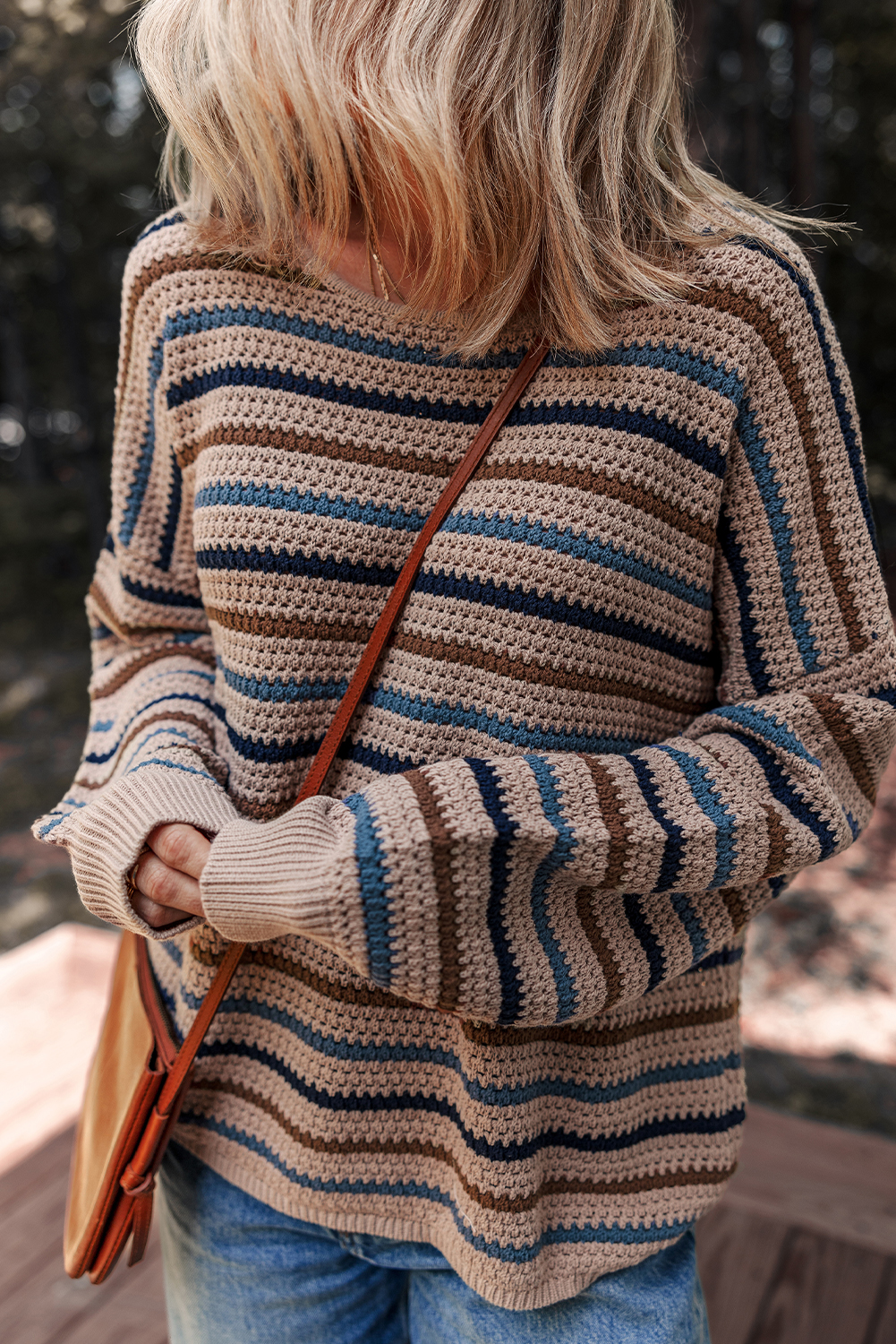 Multicolour Striped Knitted Drop Shoulder Round Neck Sweater - Image 5