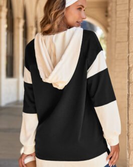 Black Waffle Contrast Knit Color Block Patchwork Button Front Oversize Hoodie