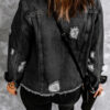 Black Lapel Distressed Raw Hem Buttons Denim Jacket