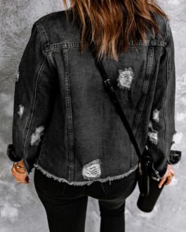 Black Lapel Distressed Raw Hem Buttons Denim Jacket