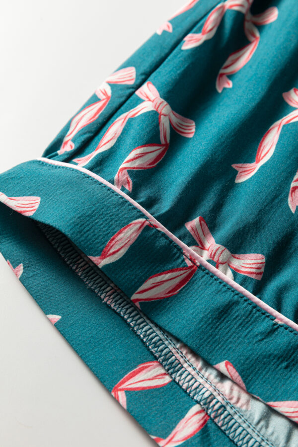 Green Ribbon Bow Print Silky Long Sleeve Shirt and Shorts 2pcs Pajama Set