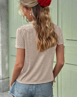 Smoke Gray Solid Color Lace Patched Detail Round Neck Tee