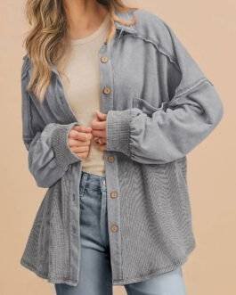 Medium Grey Waffle Knit Patchwork Exposed Seam Loose Shacket