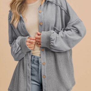 Medium Grey Waffle Knit Patchwork Exposed Seam Loose Shacket