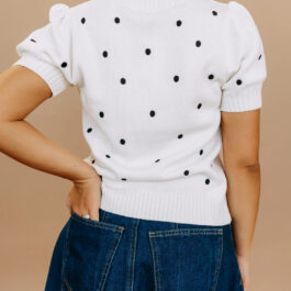 White Elegant Polka Dot Bubble Short Sleeve Sweater