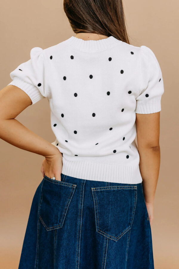 White Elegant Polka Dot Bubble Short Sleeve Sweater