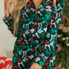 Green Festive Bow Print Long Sleeve Shirt and Pajama Short Set