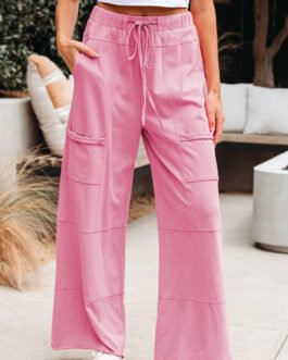 Bonbon Mineral Wash Exposed Seam Drawstring Elastic Waistband Wide Leg Cargo Pants