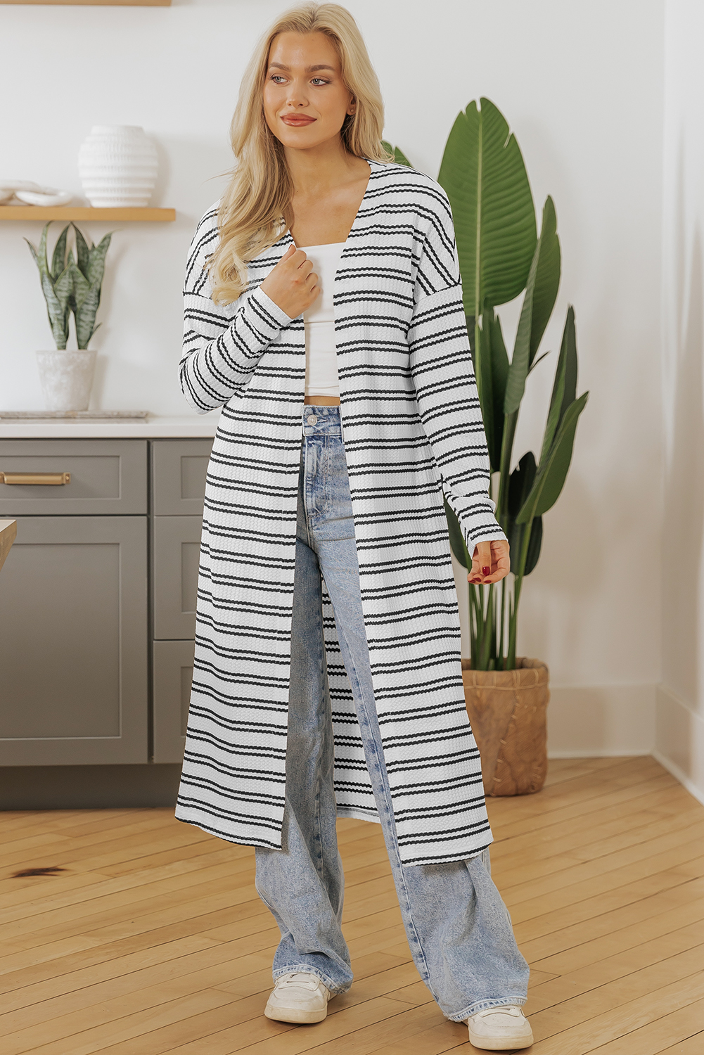 Black Stripe Print Open Front Duster Cardigan - Image 6