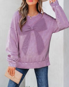 Orchid Bouquet Mineral Wash Big Bow Patchwork Pullover Sweatshirt