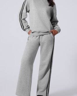Light Grey Solid Color Side Striped Sweatshirt Active Set