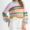 Multicolour Striped Knit Ribbed Trim Boxy Fit Cropped Sweater